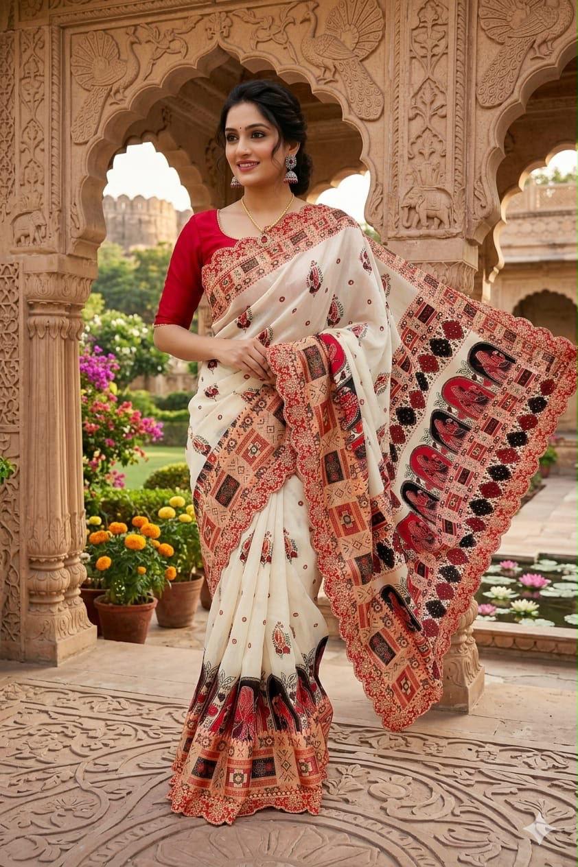 Off-White and Crimson Red Dola Banarasi Geometric Saree